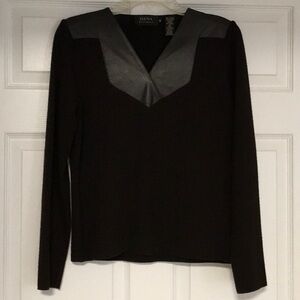 DANA BUCHMAN chocolate brown wool sweater Leather trim 22.5 in long EUC